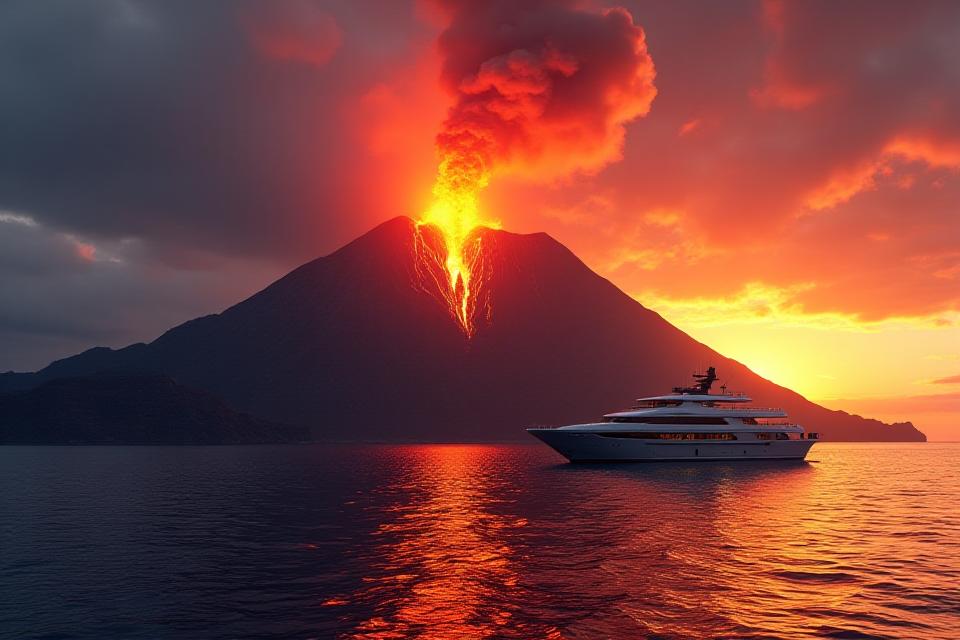 Volcán activo al atardecer desde un yate privado